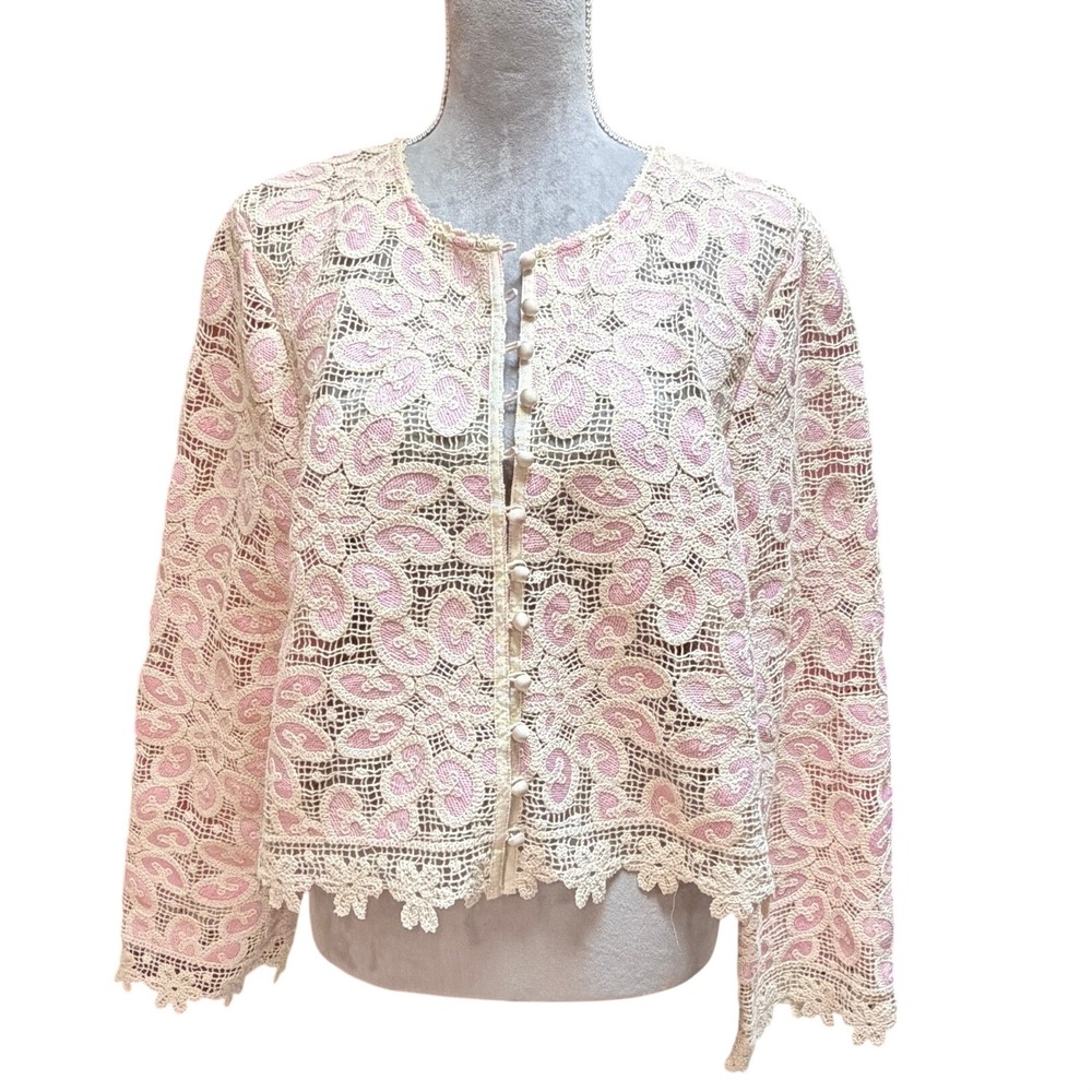 Johnny Was Pink Cream Crochet Lace Button Front Jacket XL Boho Coquette Floral